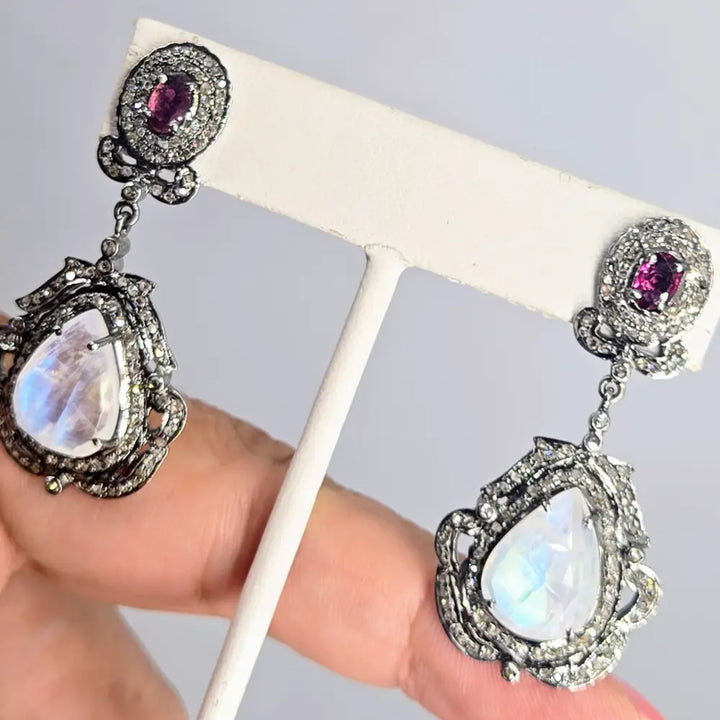 ?EDwardian Dreams’ 2’’ Earrings - Madagascar Moonstone Diamonds Rhodochrosite Oxidized Sterling