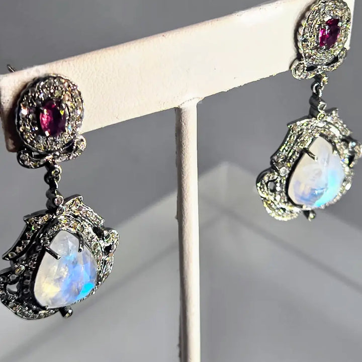 ?EDwardian Dreams’ 2’’ Earrings - Madagascar Moonstone Diamonds Rhodochrosite Oxidized Sterling