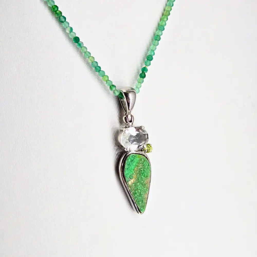 ?EFfervescent Verde Supreme’ Pendant Necklace - Uvavrovite Quartz Peridot Sterling Onyx Gem Strand