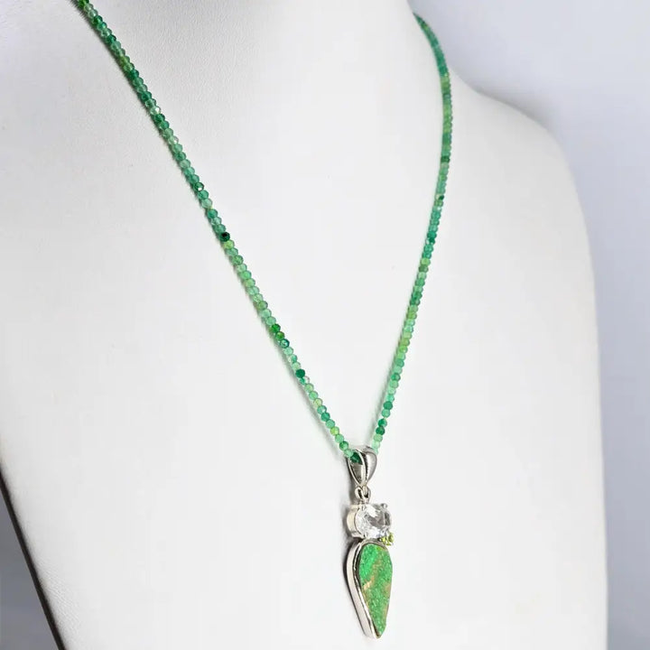 ?EFfervescent Verde Supreme’ Pendant Necklace - Uvavrovite Quartz Peridot Sterling Onyx Gem Strand