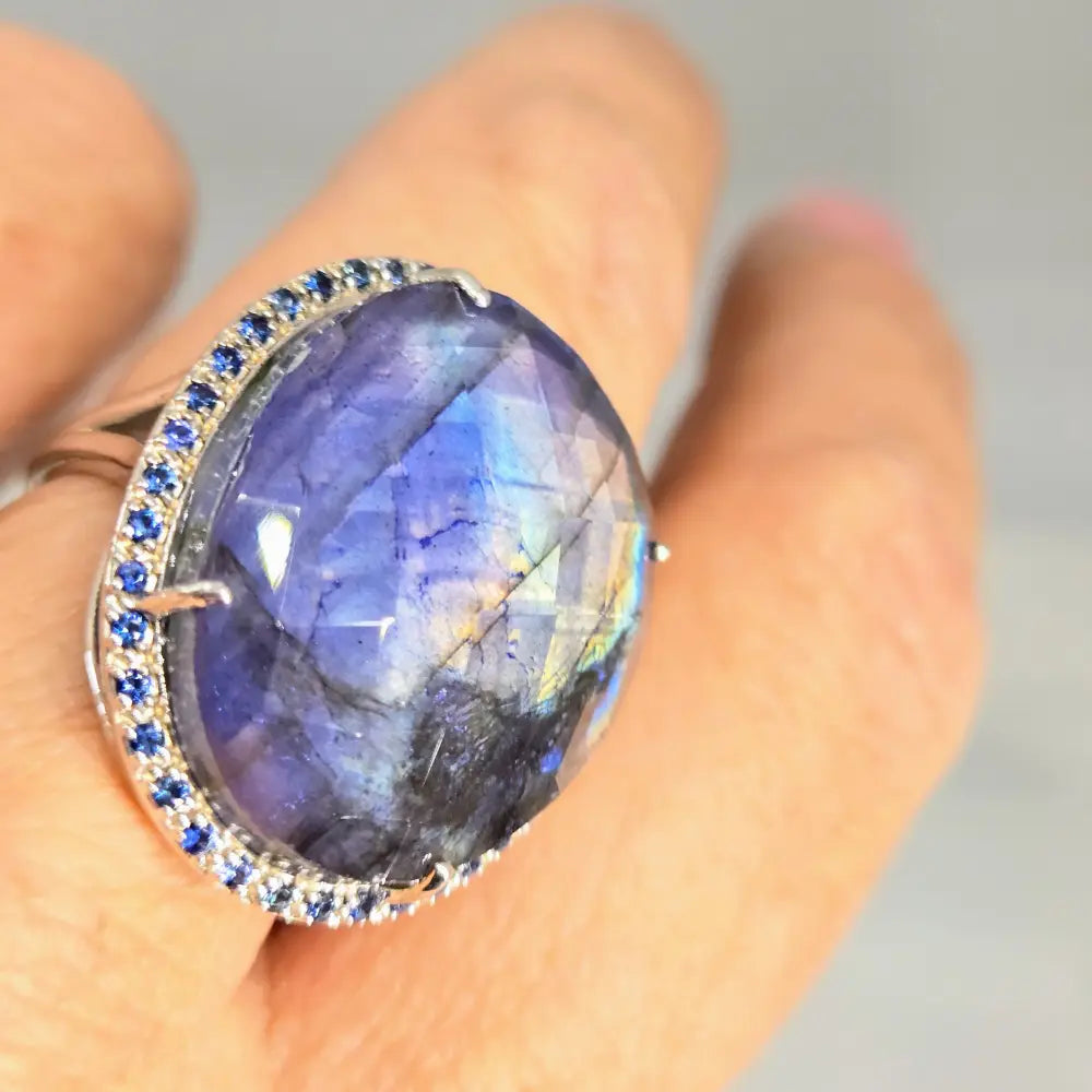 ?ELectric Blue’ Sz 8 Ring - Labradorite Quartz Sapphire Anti-tarnish Sterling