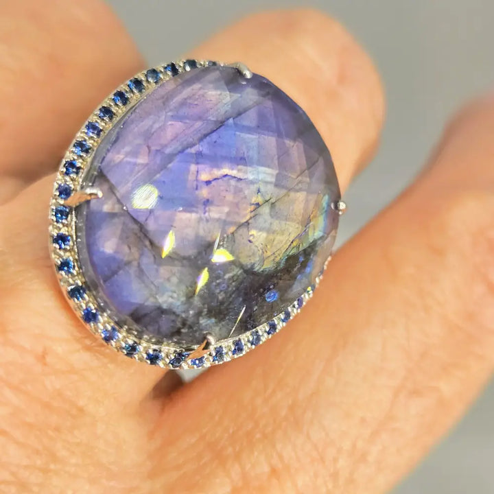 ?ELectric Blue’ Sz 8 Ring - Labradorite Quartz Sapphire Anti-tarnish Sterling
