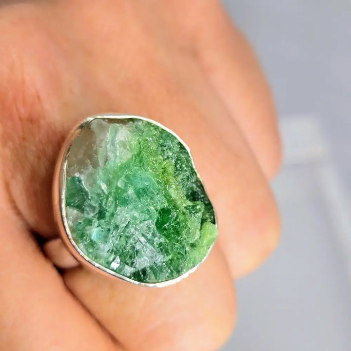 ?EMerald Chonk’ Adj Sz Ring - Raw Emerald Sterling