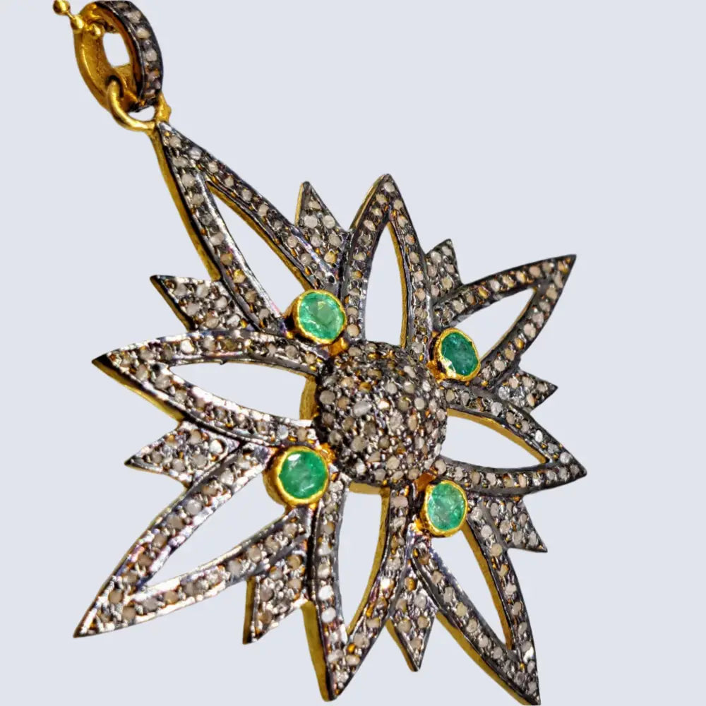 ?EStrella En Verde’ Pendant Necklace - Raw Diamonds Emeralds Gold Sterling