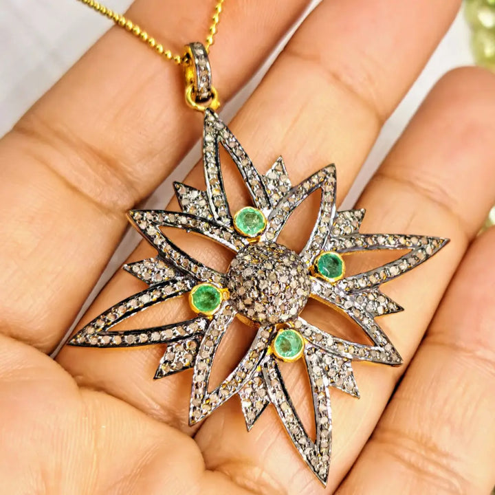 ?EStrella En Verde’ Pendant Necklace - Raw Diamonds Emeralds Gold Sterling