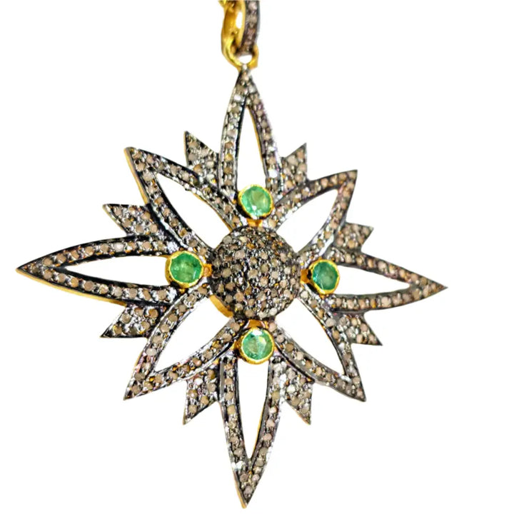?EStrella En Verde’ Pendant Necklace - Raw Diamonds Emeralds Gold Sterling