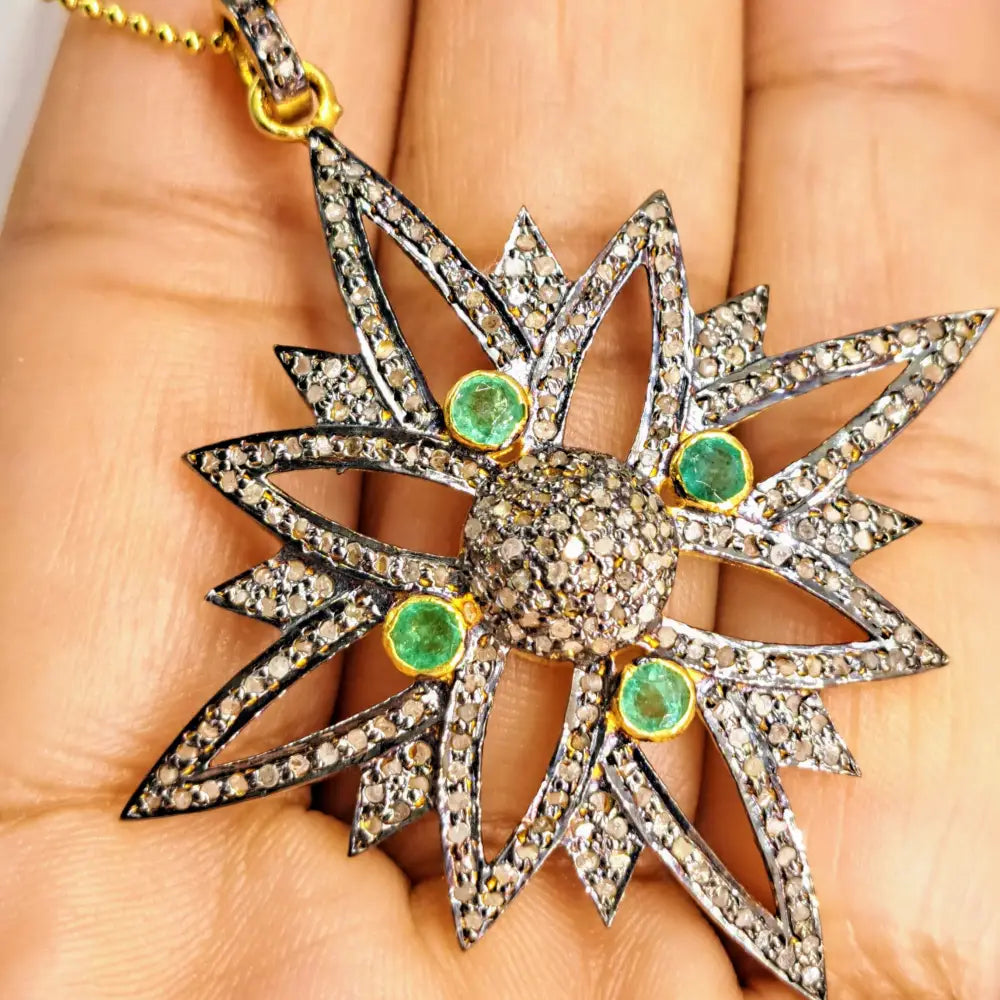 ?EStrella En Verde’ Pendant Necklace - Raw Diamonds Emeralds Gold Sterling