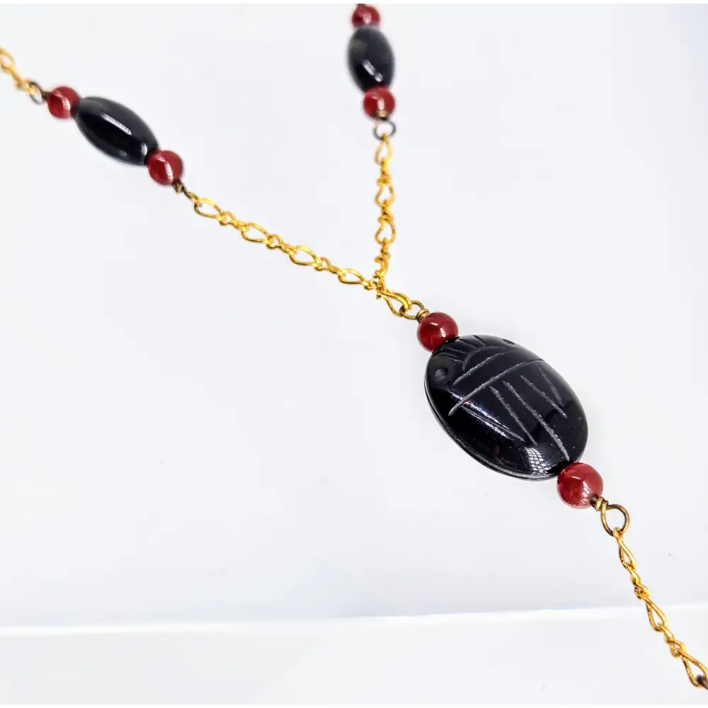 Eternal Protection 30’’ Necklace Scarab Beetles Black Onyx Carnelian 18k Gold Over Sterling