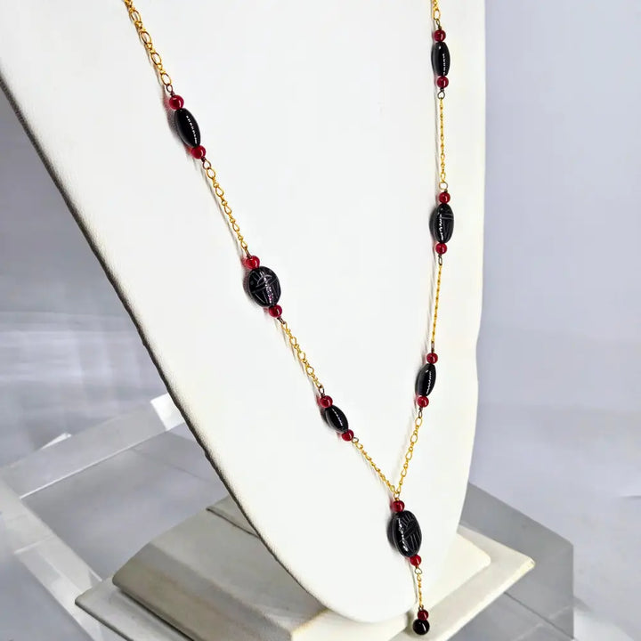 Eternal Protection 30’’ Necklace Scarab Beetles Black Onyx Carnelian 18k Gold Over Sterling