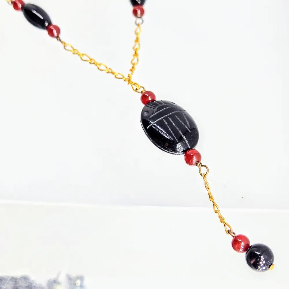 Eternal Protection 30’’ Necklace Scarab Beetles Black Onyx Carnelian 18k Gold Over Sterling