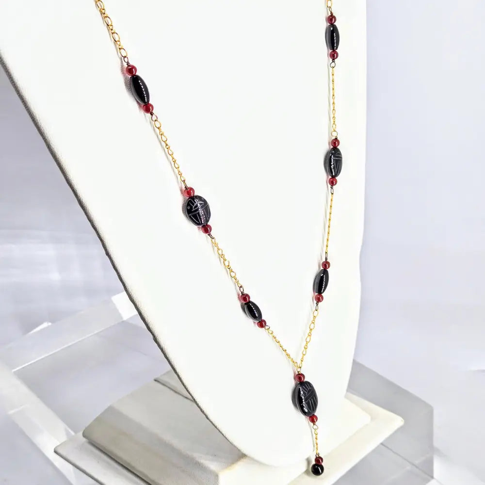 Eternal Protection 30’’ Necklace Scarab Beetles Black Onyx Carnelian 18k Gold Over Sterling