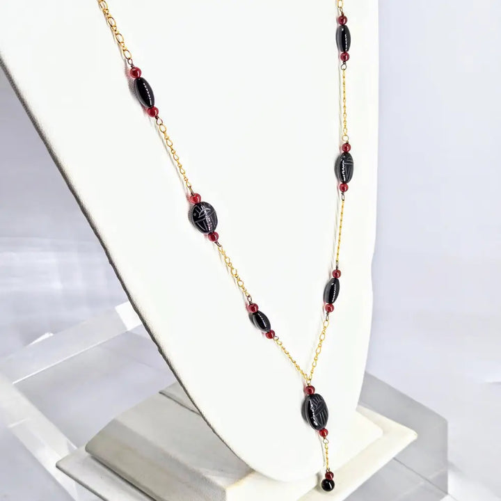 Eternal Protection 30’’ Necklace Scarab Beetles Black Onyx Carnelian 18k Gold Over Sterling