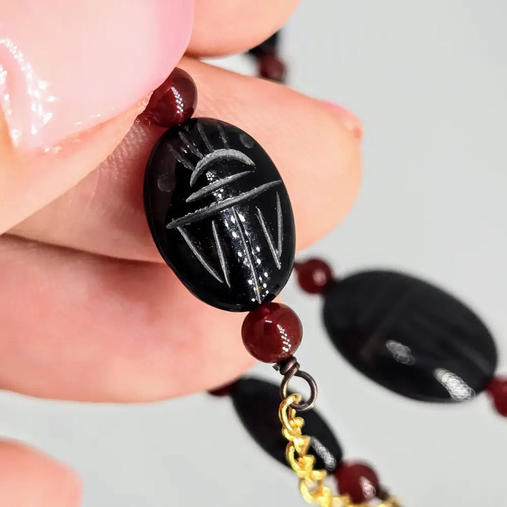 Eternal Protection 30’’ Necklace Scarab Beetles Black Onyx Carnelian 18k Gold Over Sterling