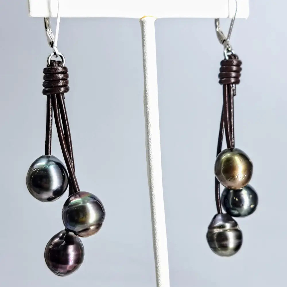 ?EVeryday Tahitians’ 2.75’’ Earrings - Tahitian Pearls (3 Colors) Leather Sterling