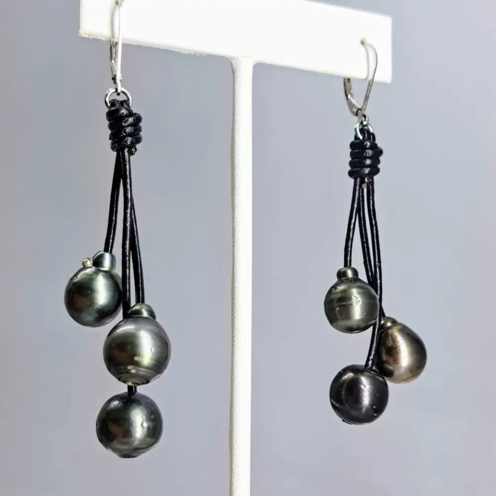 ?EVeryday Tahitians’ 2.75’’ Earrings - Tahitian Pearls (3 Colors) Leather Sterling - Triple Drop Baroques (appx.