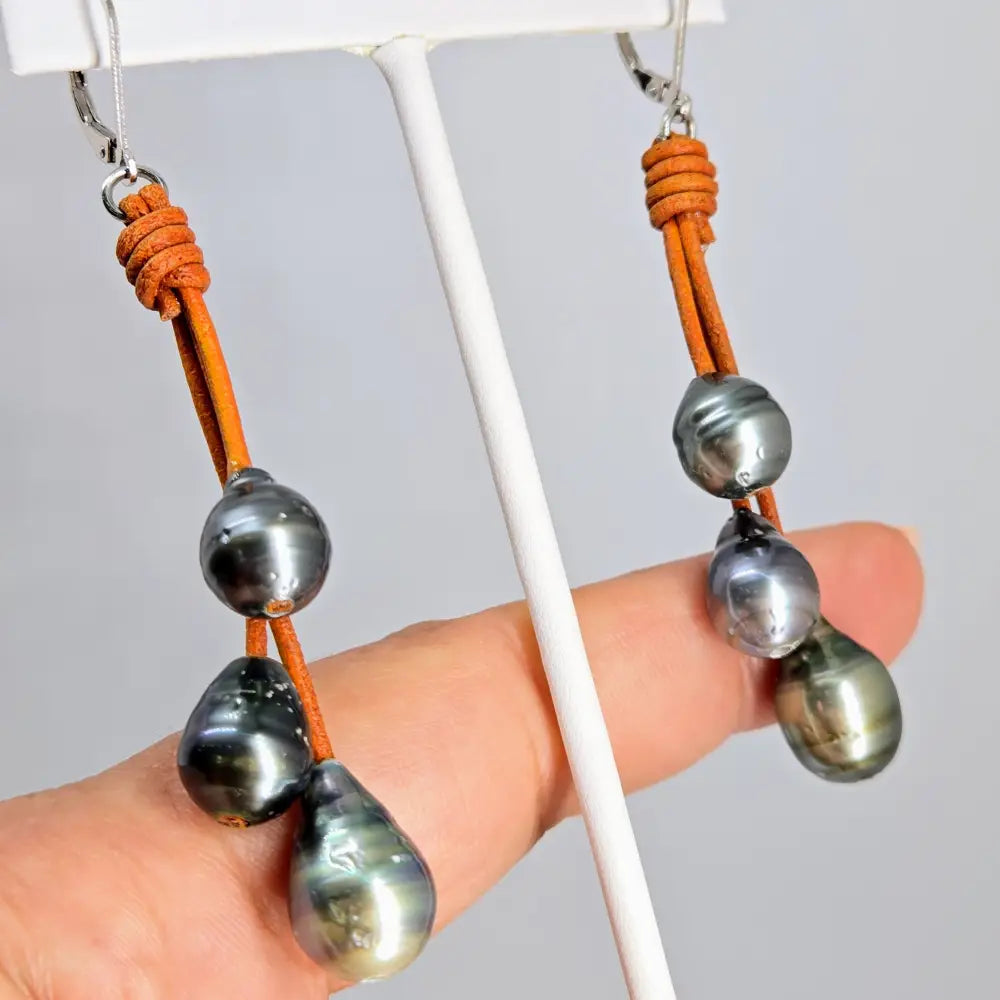 ?EVeryday Tahitians’ 2.75’’ Earrings - Tahitian Pearls (3 Colors) Leather Sterling - Triple Drop Baroques (appx.