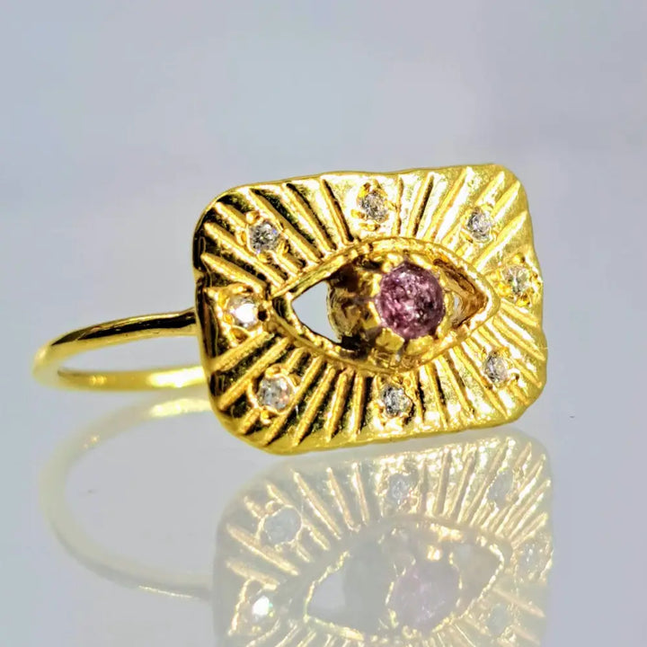 ?EVil Eye’ Sz 7 Ring - Tourmaline Zircon 18k Gold Sterling