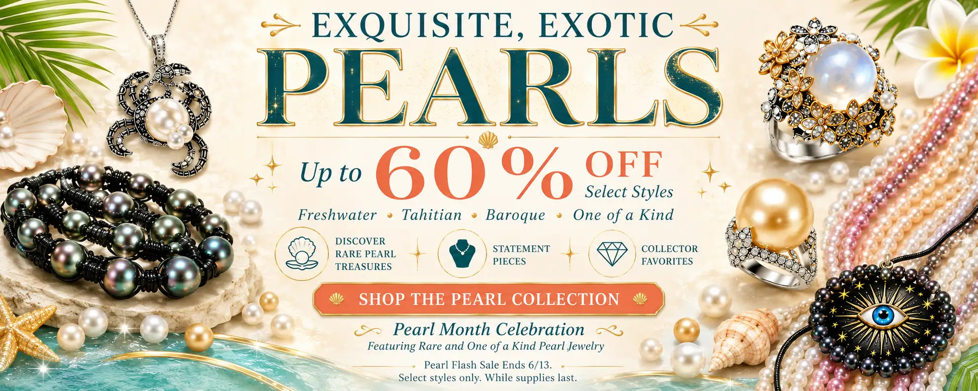 Exquisite, exotic pearl jewelry collection featuring freshwater, tahitian, and baroque pearls in black, white, gold, and silver tones with intricate designs.
