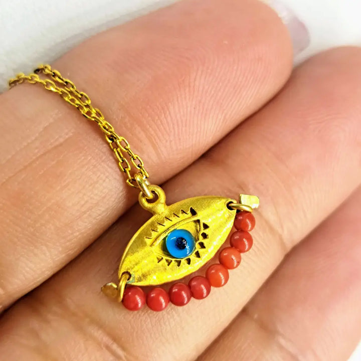Outlet: ?Eye Believe’ Pendant Necklace - Lampworked Glass Coral or Turquoise 18k Gold Sterling
