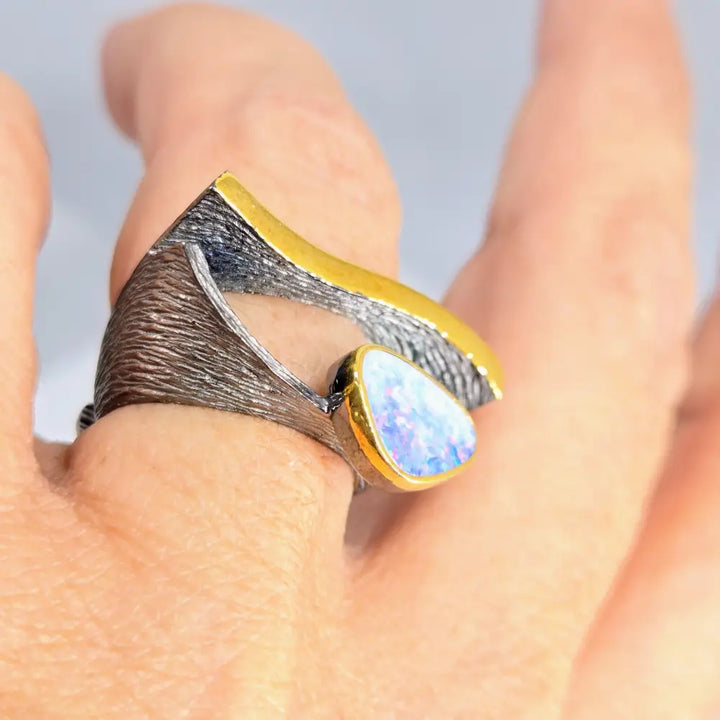 ?EYe of God’ Sz 7.5 Ring - Australian Opal Black Sterling 18k Gold