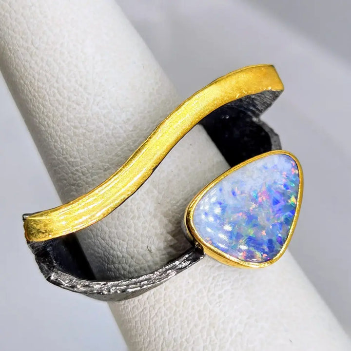 ?EYe of God’ Sz 7.5 Ring - Australian Opal Black Sterling 18k Gold