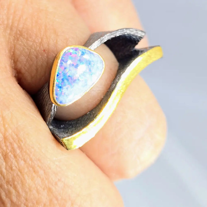 ?EYe of God’ Sz 7.5 Ring - Australian Opal Black Sterling 18k Gold