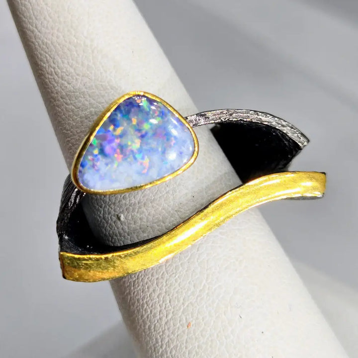?EYe of God’ Sz 7.5 Ring - Australian Opal Black Sterling 18k Gold