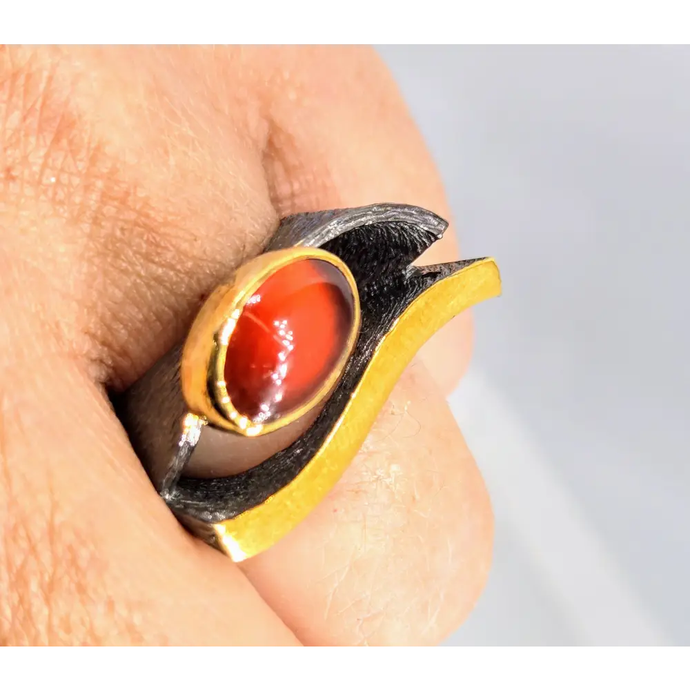 ?EYe of God’ Sz 7.5 Ring - Madeira Citrine Black Sterling 18k Gold