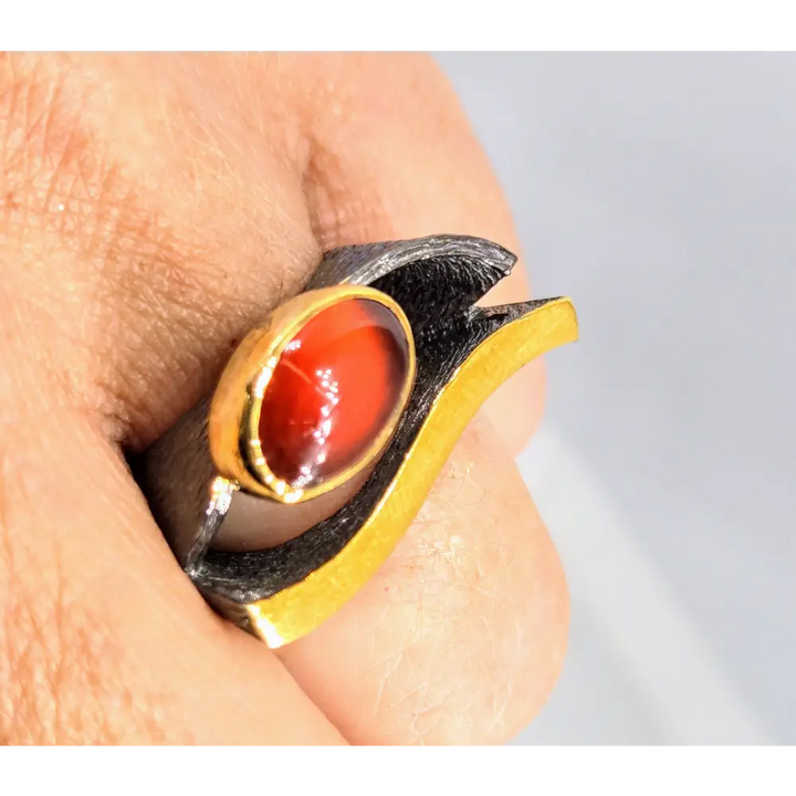 ?EYe of God’ Sz 7.5 Ring - Madeira Citrine Black Sterling 18k Gold