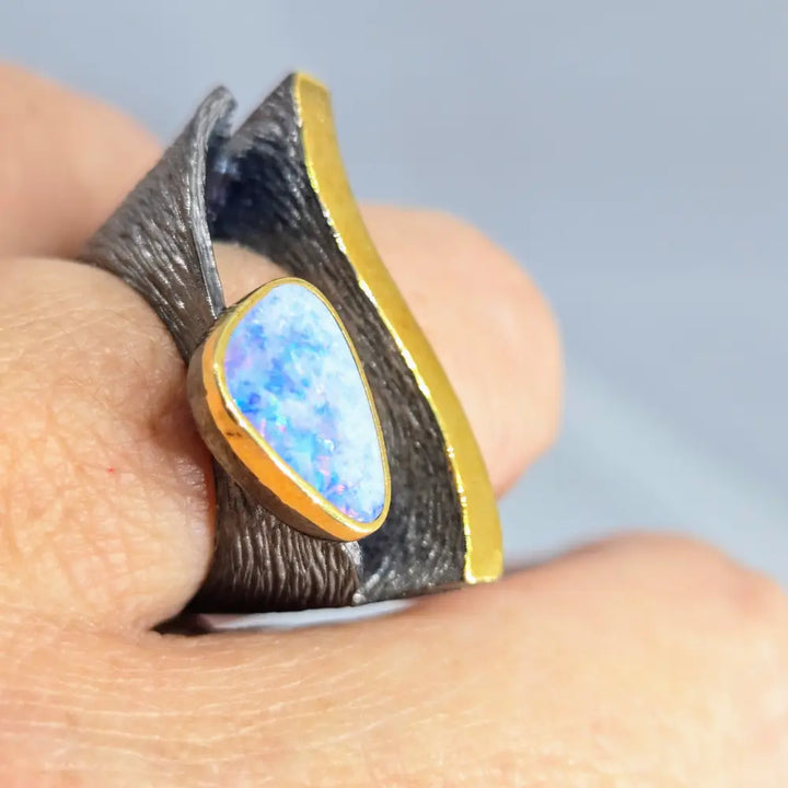 ?EYe of God’ Sz 7.5 Ring - Opal Black Sterling 18k Gold