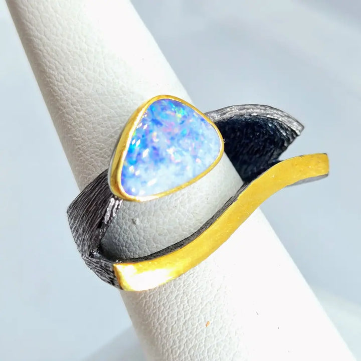 ?EYe of God’ Sz 7.5 Ring - Opal Black Sterling 18k Gold