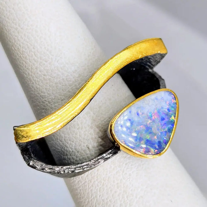 ?EYe of God’ Sz 7.5 Ring - Opal Black Sterling 18k Gold