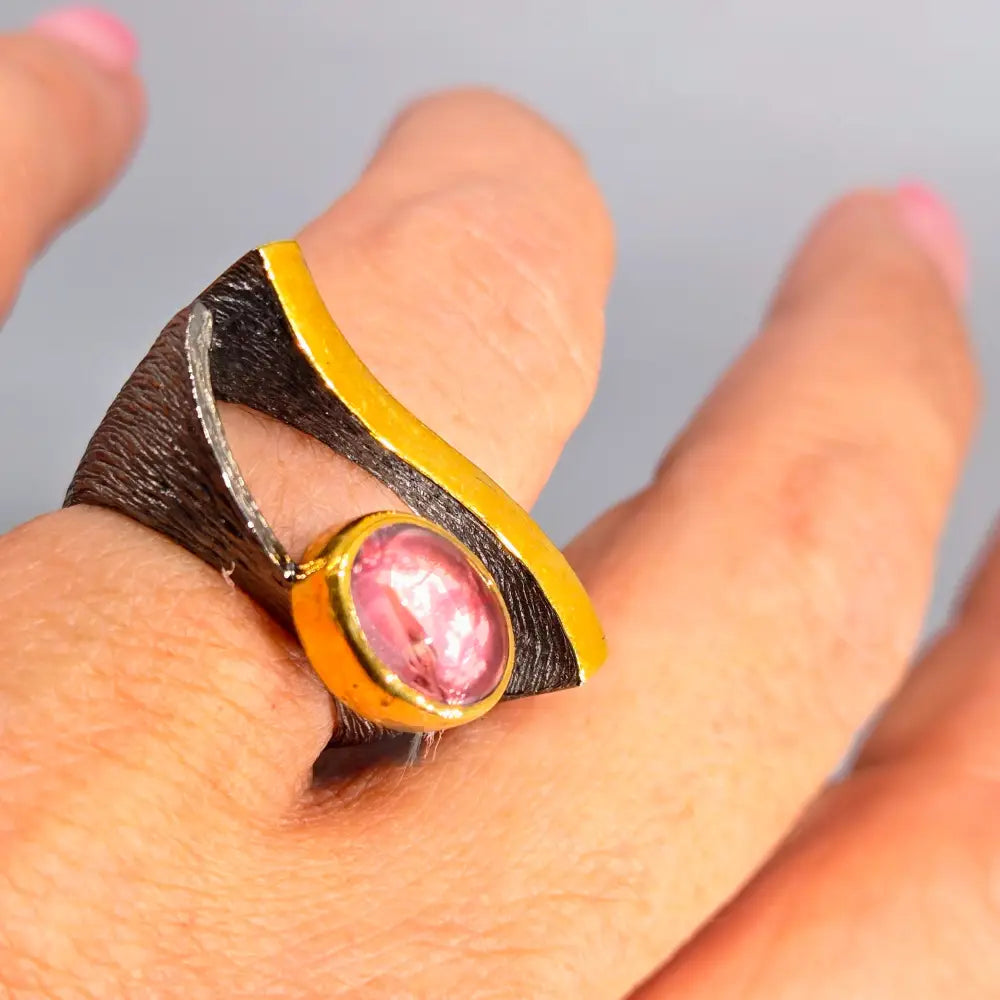 ?EYe of God’ Sz 7.5 Ring - Pink Tourmaline Black Sterling 18k Gold