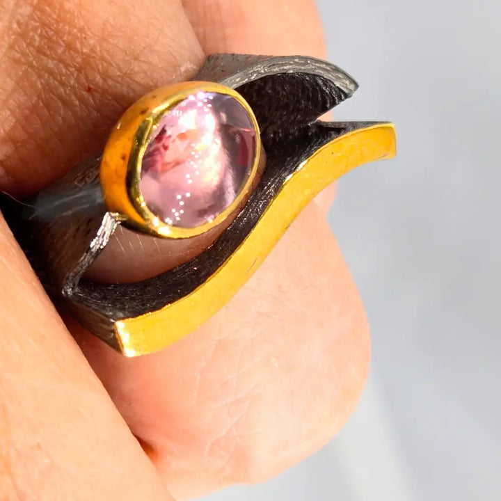 ?EYe of God’ Sz 7.5 Ring - Pink Tourmaline Black Sterling 18k Gold