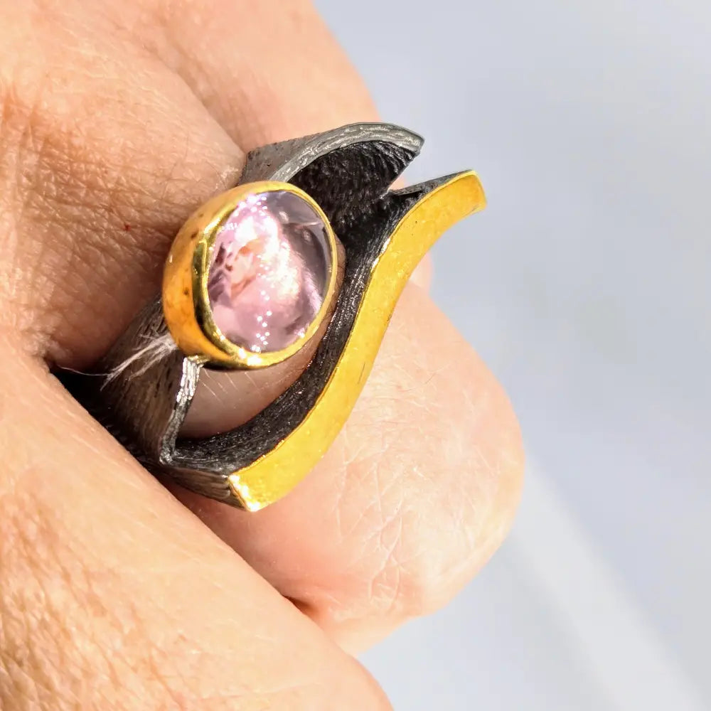 ?EYe of God’ Sz 7.5 Ring - Pink Tourmaline Black Sterling 18k Gold