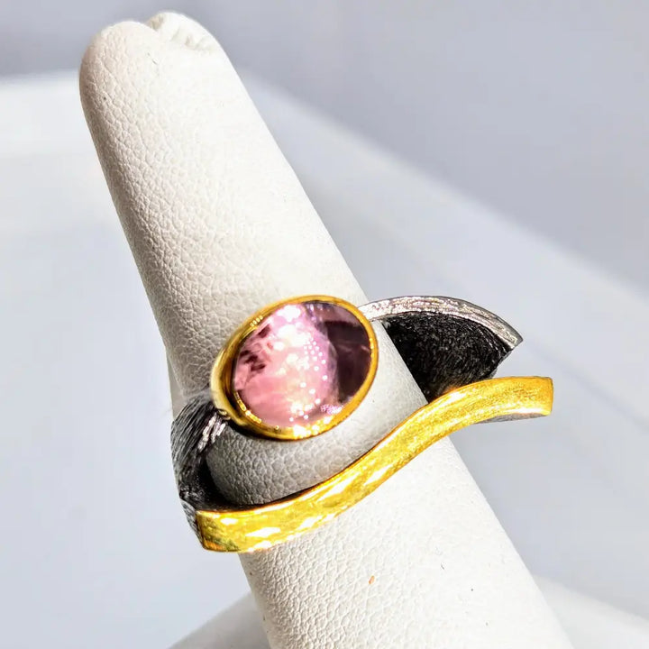 ?EYe of God’ Sz 7.5 Ring - Pink Tourmaline Black Sterling 18k Gold