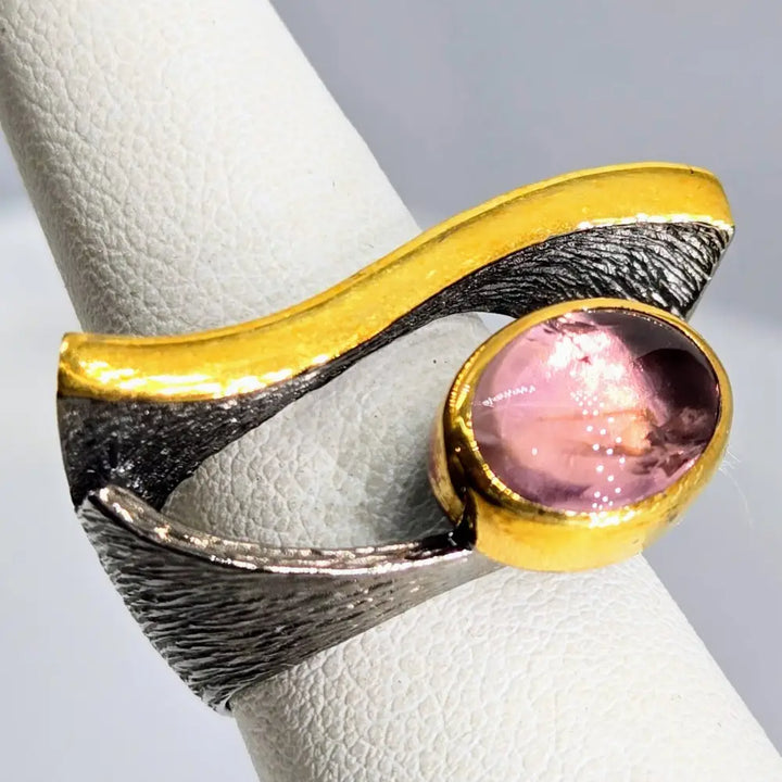?EYe of God’ Sz 7.5 Ring - Pink Tourmaline Black Sterling 18k Gold