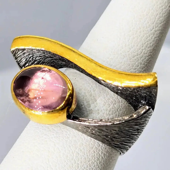 ?EYe of God’ Sz 7.5 Ring - Pink Tourmaline Black Sterling 18k Gold