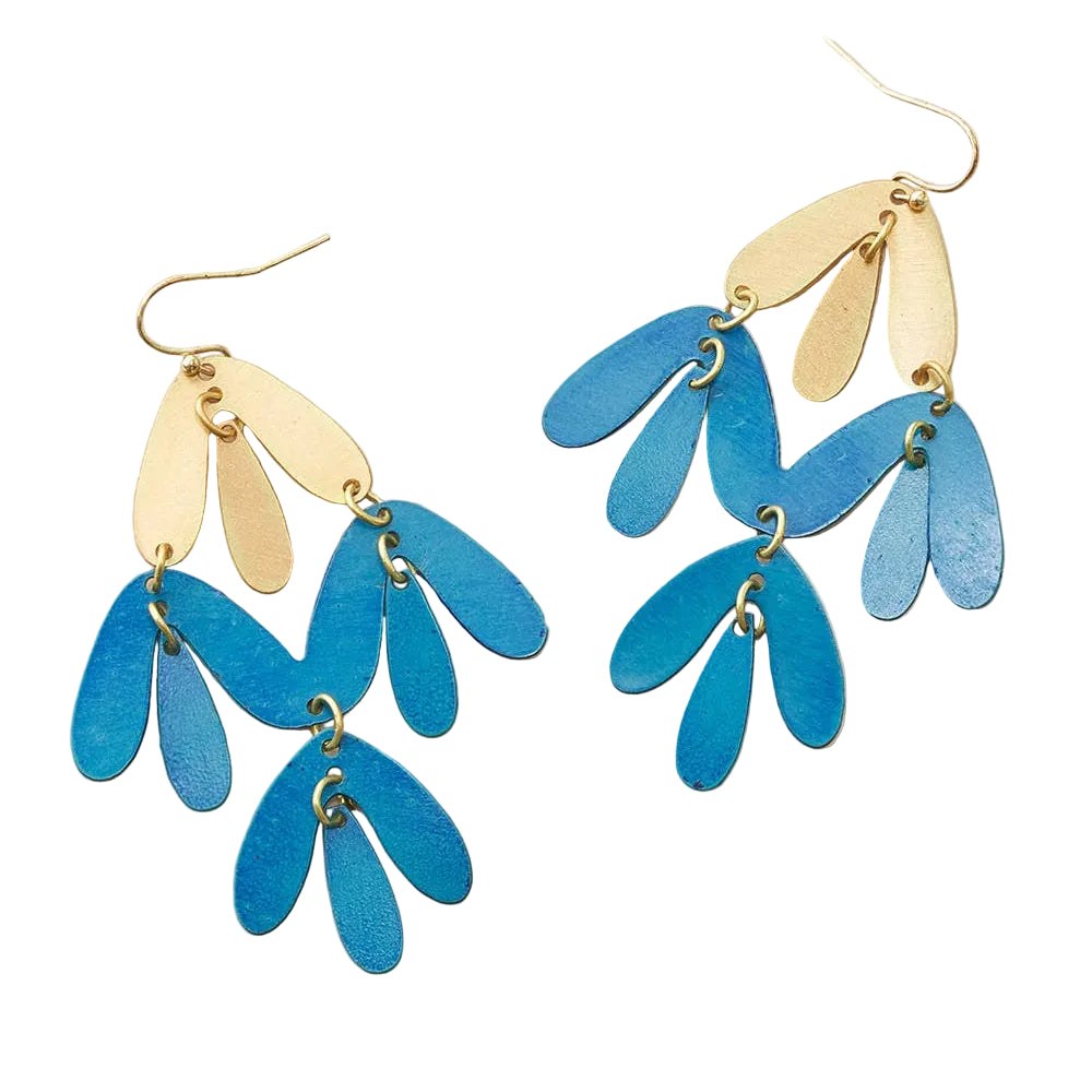 "Frondelettes" Chandelier Earrings - Teal Patina, Gold Petals