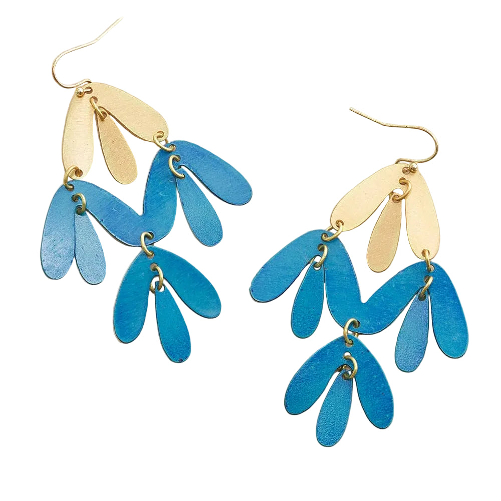 "Frondelettes" Chandelier Earrings - Teal Patina, Gold Petals