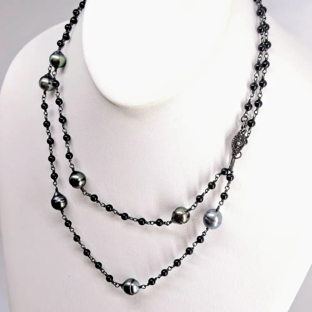 ?FOrget me Knot’ 18’’ 24’’ or 36’’ Necklace - Tahitian Pearls Onyx Black Sterling Silver