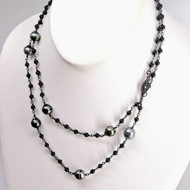 ?FOrget me Knot’ 18’’ 24’’ or 36’’ Necklace - Tahitian Pearls Onyx Black Sterling Silver