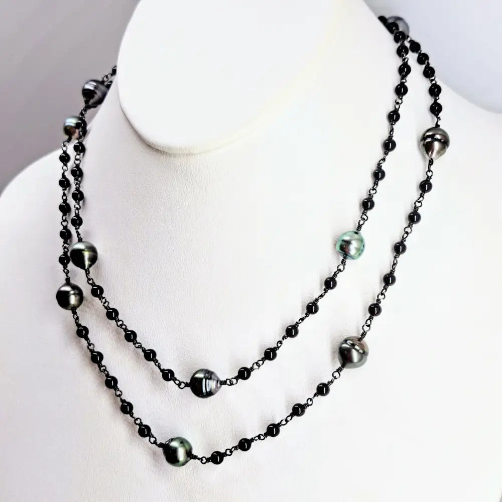 ?FOrget me Knot’ 18’’ 24’’ or 36’’ Necklace - Tahitian Pearls Onyx Black Sterling Silver