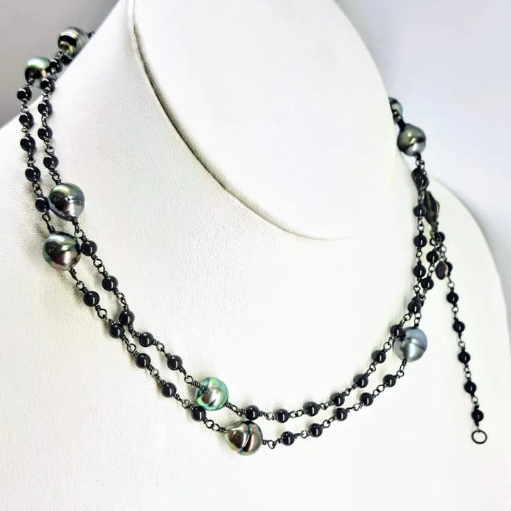 ?FOrget me Knot’ 18’’ 24’’ or 36’’ Necklace - Tahitian Pearls Onyx Black Sterling Silver