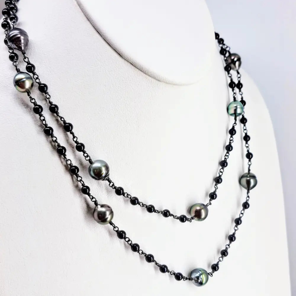 ?FOrget me Knot’ 18’’ 24’’ or 36’’ Necklace - Tahitian Pearls Onyx Black Sterling Silver