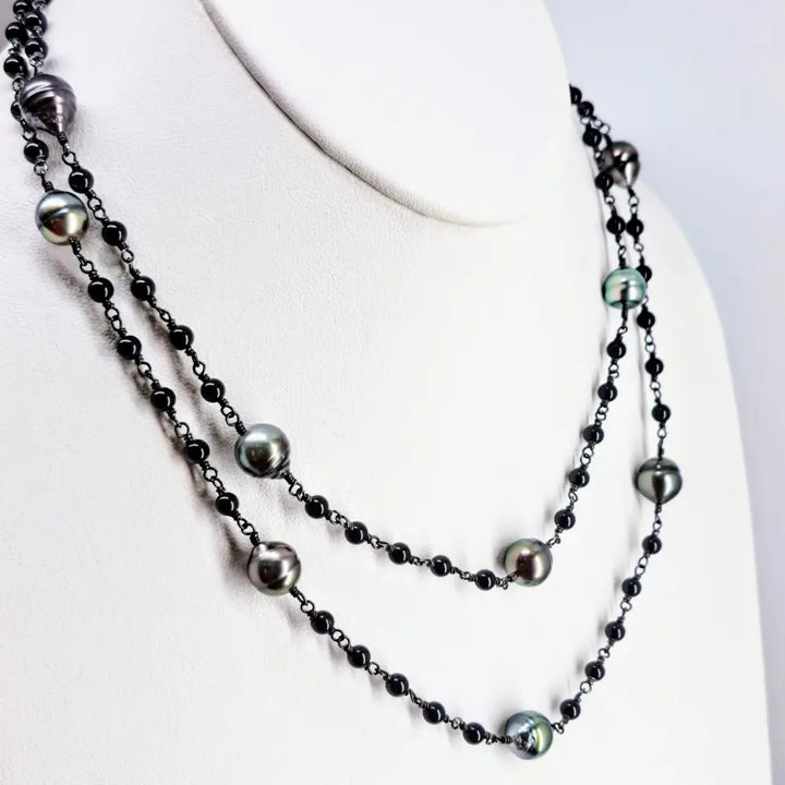 ?FOrget me Knot’ 18’’ 24’’ or 36’’ Necklace - Tahitian Pearls Onyx Black Sterling Silver