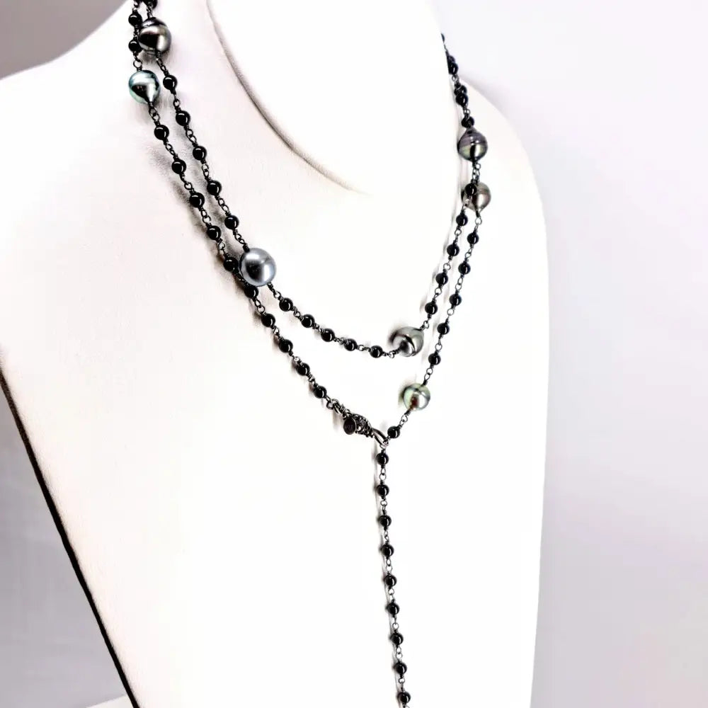 ?FOrget me Knot’ 18’’ 24’’ or 36’’ Necklace - Tahitian Pearls Onyx Black Sterling Silver