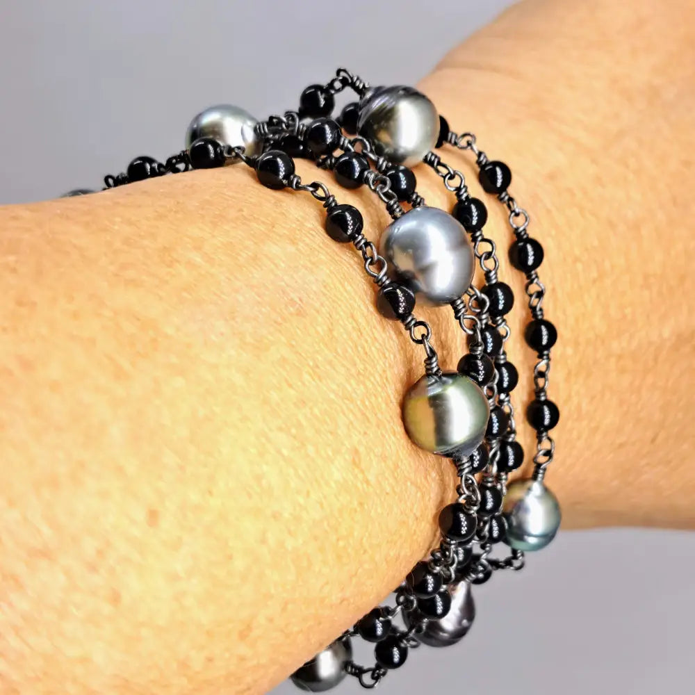 ?FOrget me Knot’ 18’’ 24’’ or 36’’ Necklace - Tahitian Pearls Onyx Black Sterling Silver