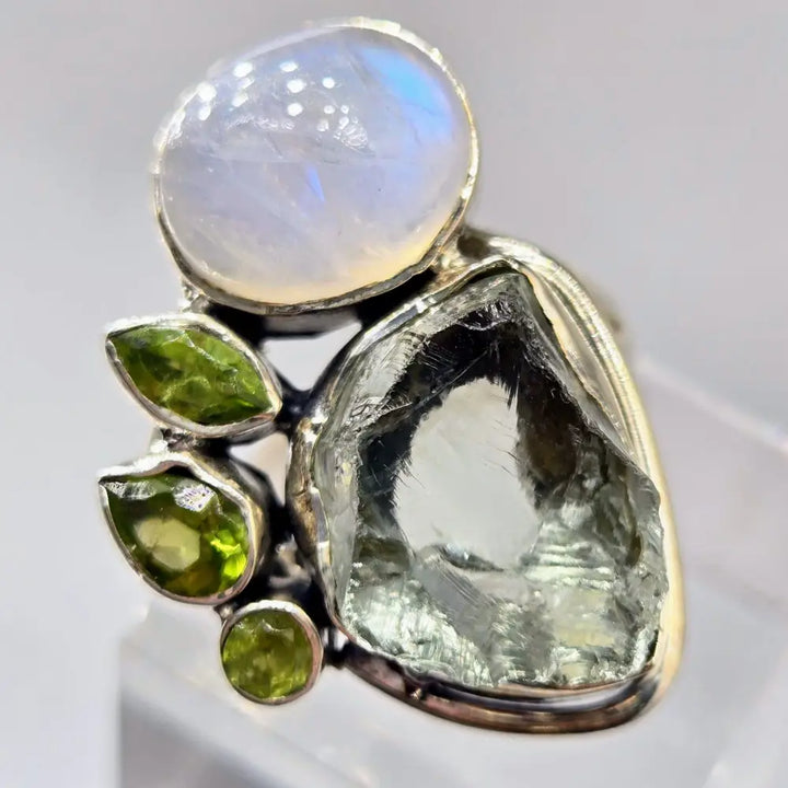 ?FResh Greens’ Sz 9 Ring - Peridot Moonstone Green Amethyst Sterling