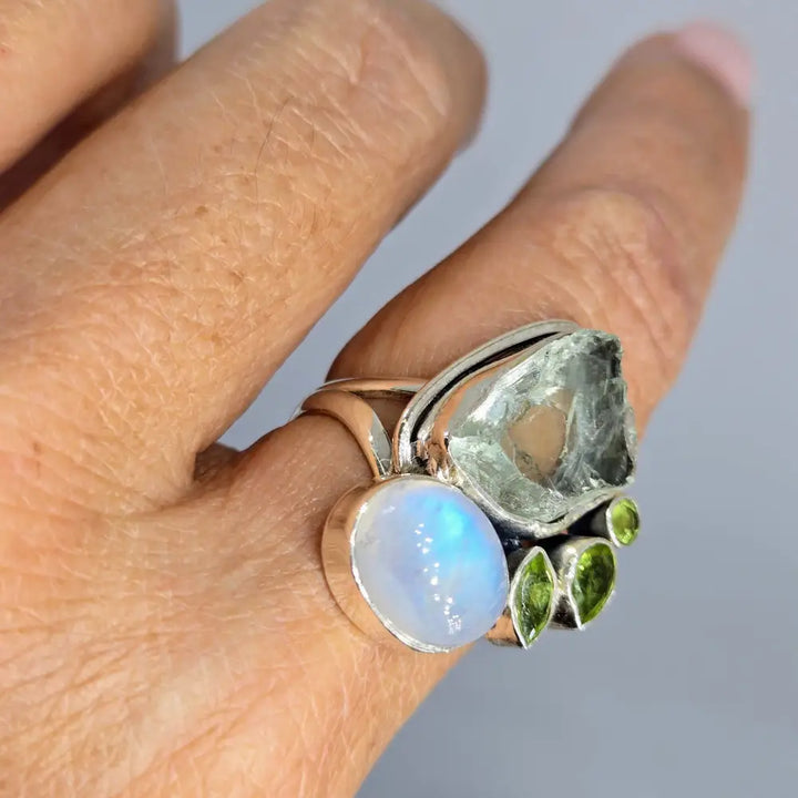 ?FResh Greens’ Sz 9 Ring - Peridot Moonstone Green Amethyst Sterling